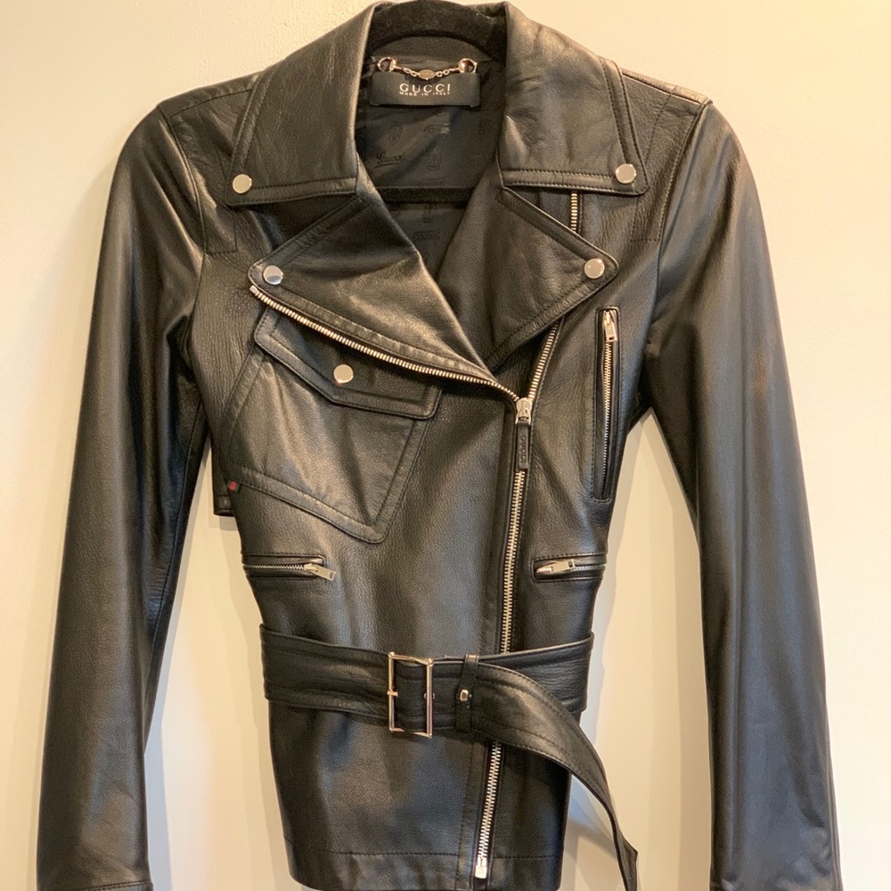 ❤️‍🔥 Gucci Black Leather Moto Jacket Belted XS IT 38 Vintage Authentic